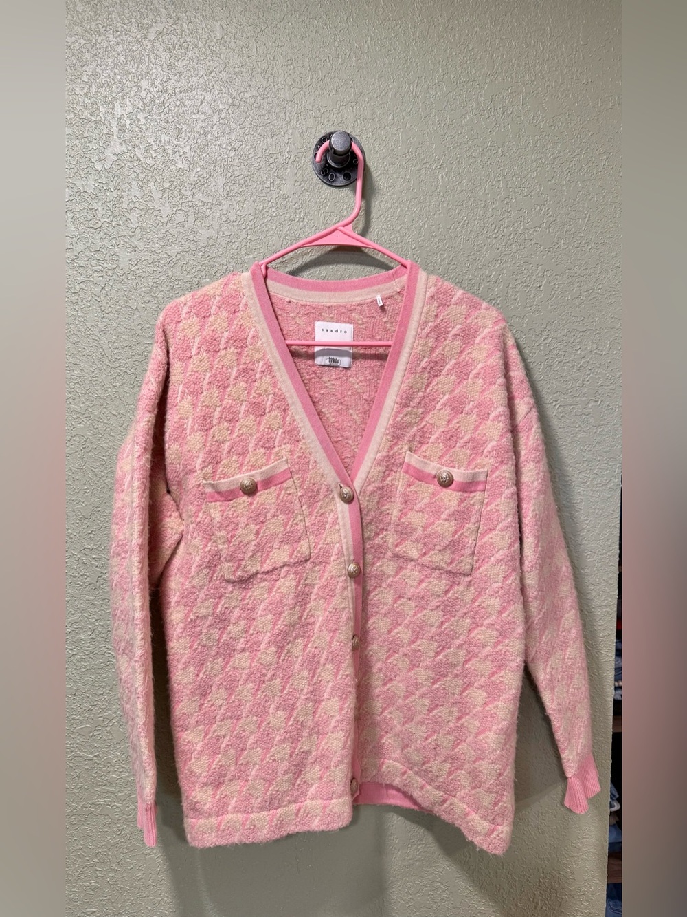 Sandro Pink & Cream Houndstooth Knit Cardigan Size 2
